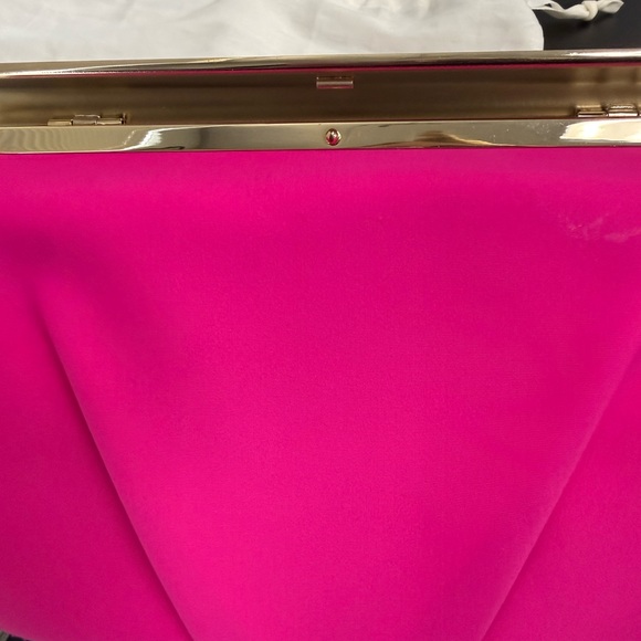 Trina Turk Fuchsia Satin Clutch with Tan & Gold Trim & Dust Bag - Picture 9 of 9